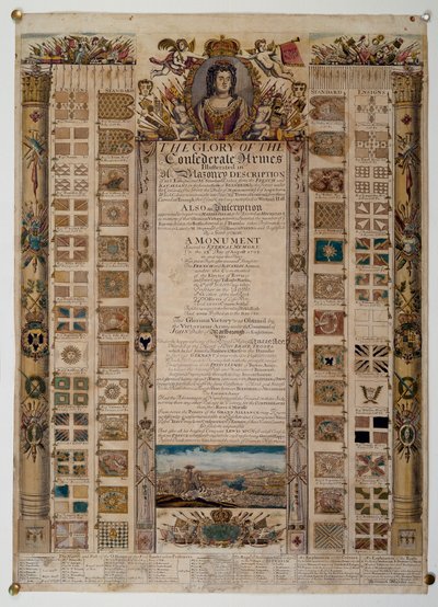 Herdenkingskaart met standaarden veroverd van de Fransen na de Slag bij Blenheim, ca. 1704 door English School