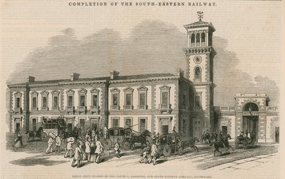 Voltooiing van de Zuid-Oostelijke Spoorweg: Groot gezamenlijk station van de Croydon, Brighton en Dover Railway Company, Southwark, Londen door English School