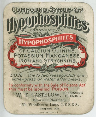 Etiket van Compound Syrup of Hypophosphites, begin 20e eeuw door English School