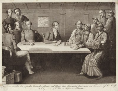 Conferentie in Chusan tussen Commodore Bremer en een Chinese ambtenaar op HMS Wellesley 4 juli 1841 door English School