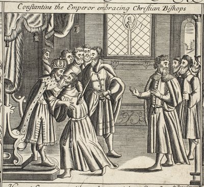 Constantijn de keizer omhelst christelijke bisschoppen, illustratie uit Handelingen en Monumenten van John Foxe, negende editie, uitgegeven 1684 door English School