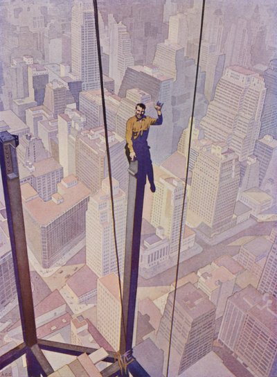 Bouwvakker op het stalen frame van een wolkenkrabber hoog boven de straten van New York City, New York, VS (kleur litho) door English School