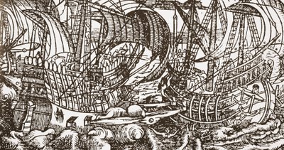 Hedendaagse houtsnede van oorlogsschip op zee door English School