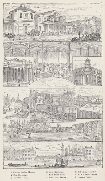 Convent Garden Market, Corn Exchange, Billingsgate Market, Coal Exchange, East India Docks, St Katherine Docks, Victoria Docks, West India Docks, London Docks (gravure) door English School