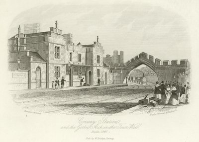 Conwy Station en de gotische boog in de stadsmuur, gebouwd in 1847 door English School