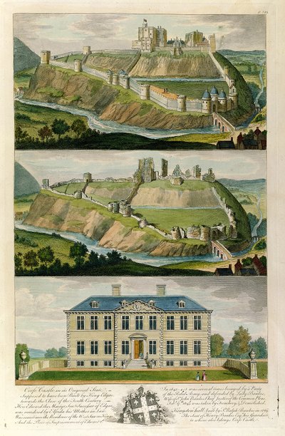 Corfe Castle in zijn oorspronkelijke staat, als ruïne, en Kingston Hall, zetel van Henry Bankes door English School