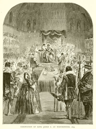 Kroning van Koning Jacobus I in Westminster, 1603 door English School