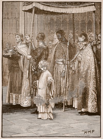 Kroning van Richard in Westminster Abbey: de processie langs het gangpad, illustratie uit Cassells Illustrated History of England door English School
