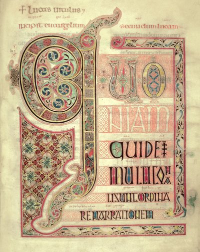 Incipit pagina van het Evangelie van St. Lucas, uit de Lindisfarne-evangeliën, 710-721 door English School
