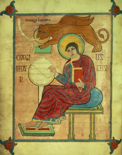 St. Marcus zittend met zijn symbool, uit de Lindisfarne-evangeliën, 710-721 door English School