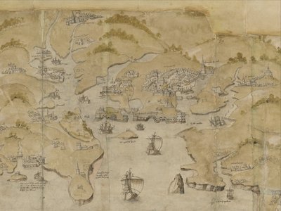 Kaart van de kust tussen Fowey en Salcombe, inclusief Plymouth. Deel van een panoramische kaart van de kust van Land