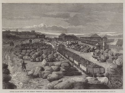 Katoenbalen bij het Bombay Terminus van de Great Indian Peninsula Railway klaar voor verzending naar Engeland door English School