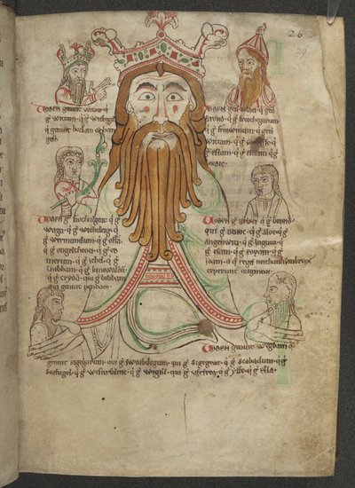 Cotton Caligula A. VIII, f.29 Tekening van Woden omringd door zijn nakomelingen; in een verhandeling over de Heptarchie, ca. 1153-66 door English School