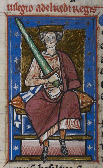 Cotton Claudius B. VI, f.87v Ethelred de Onvoorbereide met zwaard, uit de 