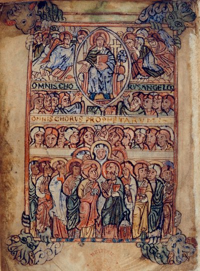 Christus in Majesteit omringd door werktuigen van de Passie, en koren van engelen en profeten, illustratie uit de 