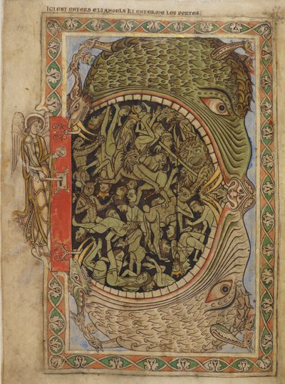 De kaken van de hel vastgemaakt door een engel, uit de Psalter van Hendrik van Blois, c.1121-61 door English School