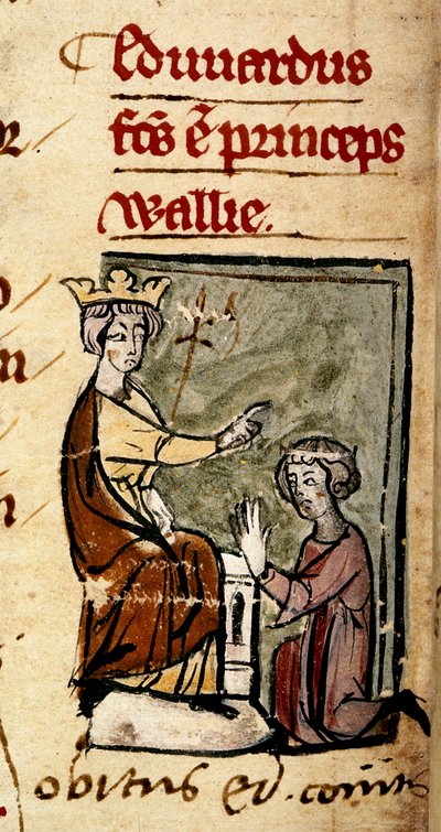 Edward van Caernarvon (Edward II) tot Prins van Wales en Graaf van Chester benoemd door zijn vader, koning Edward I, op het parlement van Lincoln, 7 februari 1301, uit de 