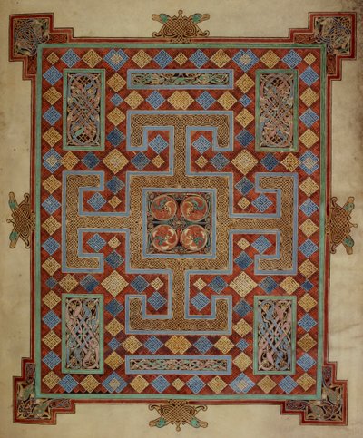 Cotton Nero D. IV, f.138v Tapijtpagina die het evangelie van St. Lucas inleidt, uit de Lindisfarne-evangeliën, 710-21 (perkament) door English School