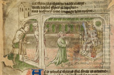 Cotton Tiberius A. VII, f.65v, Het Huis van Afgoderij, met de pelgrim die binnenkomt en een man die een gekroonde afgod aanbidt door English School