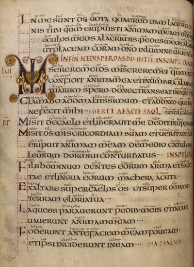 Cotton Vespasian A. I, f.55v Psalm 56 met Oud-Engelse glos en versierde initiaal MI door English School