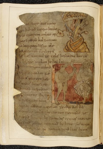 Een boom waaruit balsem groeit; een donestre, een beestkopman, links met een menselijk been en voet, en een persoon rechts, illustratie uit Beowulf, uit de 