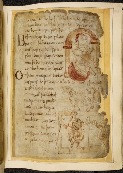 Een man die op een kussen onder een boog zit; twee catini, open-mondige beesten zoals honden; een man in gewaad met een staf, die zijn hand uitstrekt naar een andere man, illustratie uit Beowulf, uit de 