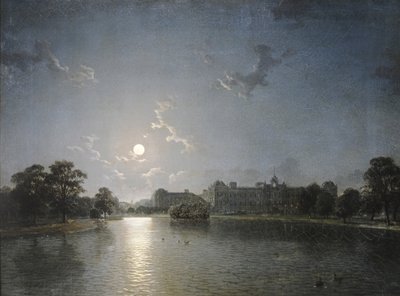 Landhuis aan een Meer bij Maanlicht, ca. 1850 door English School
