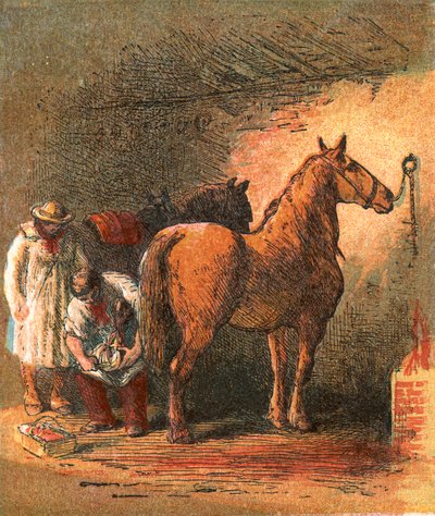 Dorpssmid die het paard van de boer beslaat door English School