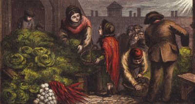 Covent Garden groentemarkt (kleur litho) door English School