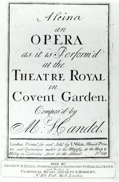 Omslag van bladmuziek voor Alcina, een opera door Handel, gepubliceerd in 1735 door English School