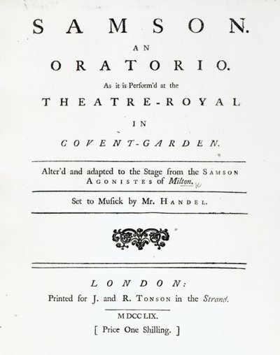 Omslag van bladmuziek voor Samson, een oratorium door Handel, gepubliceerd in 1759 door English School