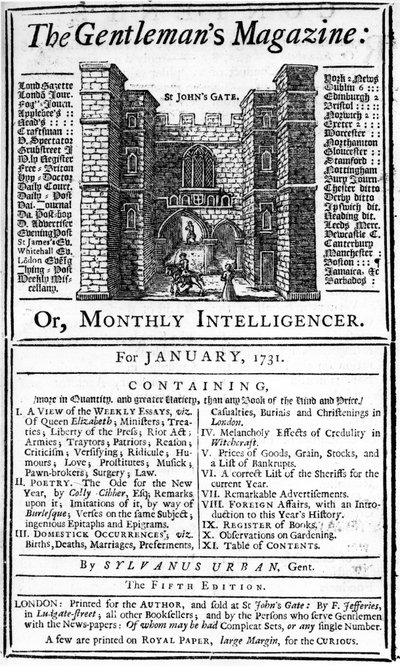 Omslag van de eerste editie van The Gentlemans Magazine, gepubliceerd januari 1731 door English School