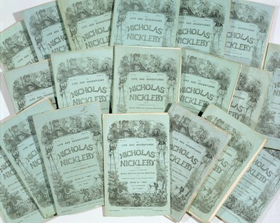 Omslagen van de maandelijkse uitgaven van Het leven en de avonturen van Nicholas Nickleby door Charles Dickens (1812-70), gepubliceerd in 1839 door English School