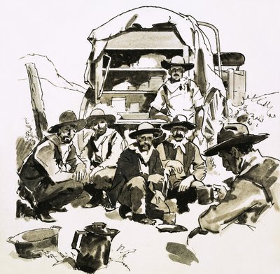 Cowboys verzameld rond een chuckwagon door English School