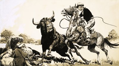 Cowboys in de Australische outback proberen een stier te vangen door English School