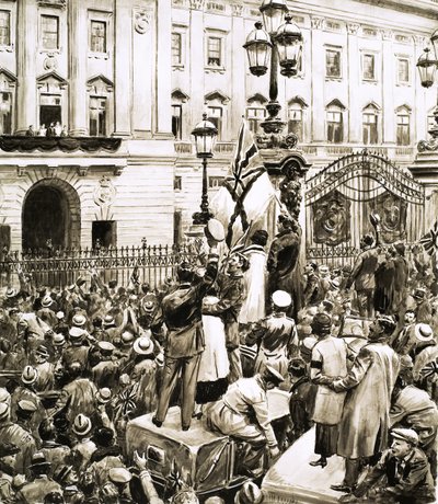 Mensenmassa buiten Buckingham Palace juicht Koning George V toe op Wapenstilstandsdag door English School