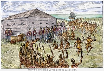 Kroning van Drake als de koning van Californië (gravure) door English School