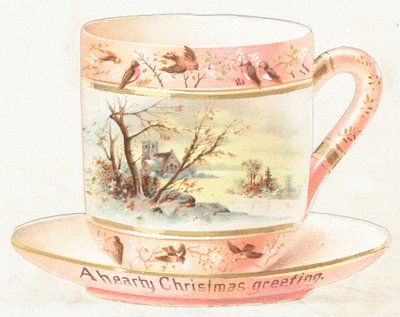 Kop en schotel met sneeuwscène, kerstkaart door English School