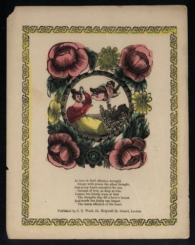 Cupido en vrouw in een tuin omringd door bloemen, liefdesgedicht door English School