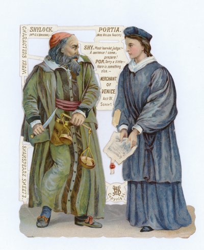 Uitgesneden van Shylock en Portia uit De Koopman van Venetië door English School