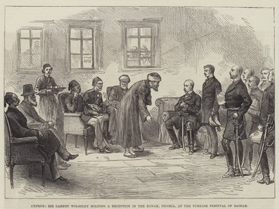 Cyprus, Sir Garnet Wolseley houdt een receptie in de Konak, Nicosia, tijdens het Turkse festival van Bairam (gravure) door English School