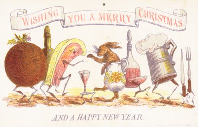 Dansend eten, bestek en servies, kerstkaart door English School