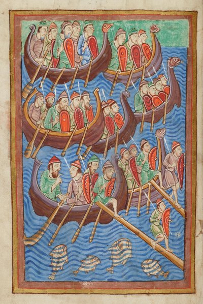 De Denen onder Hinguar en Hubba landen in Groot-Brittannië, uit de Miscellany over het leven van St. Edmund, Bury St Edmunds, ca. 1130 door English School