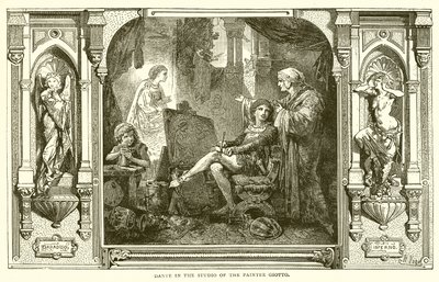 Dante in het atelier van de schilder Giotto door English School