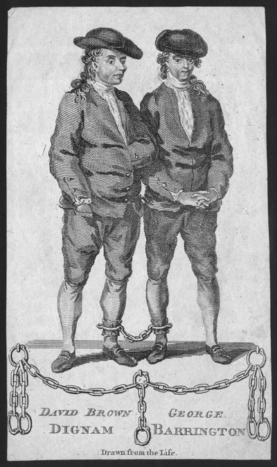 David Brown Dignam en George Barrington, illustratie uit de London Magazine, mei 1777 door English School
