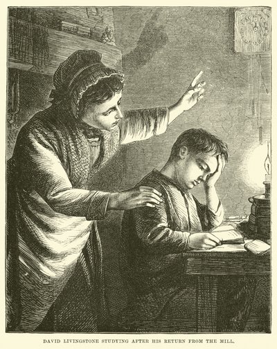 David Livingstone studeert na zijn terugkeer van de molen door English School