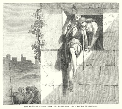 David ontsnapt door een raam, terwijl Sauls soldaten op hem wachten, Psalm LIX (gravure) door English School