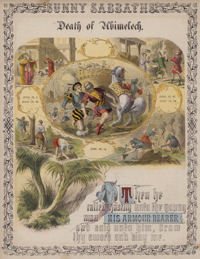 De dood van Abimelech (gekleurde gravure) door English School