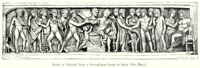 Dood van Alcestis, van een Sarcofaag gevonden in Ostia (gravure) door English School