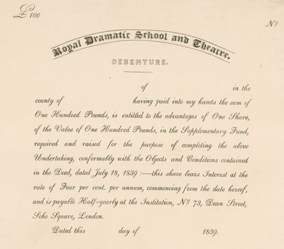 Obligatie voor de Royal Dramatic School and Theatre, 73 Dean Street, Soho Square, Londen door English School